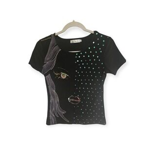 Vintage Y2K Sparkling Face Sequin Blouse Top‎ Black Short Sleeve Night Out Party